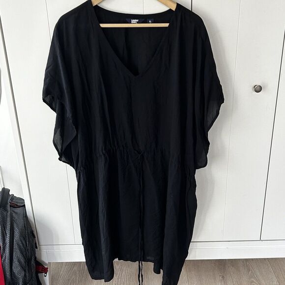 Lands End Top Size XL Cover Up Black V-Neck Tie Waist Modal Coastal Beach Pool - Picture 2 of 8